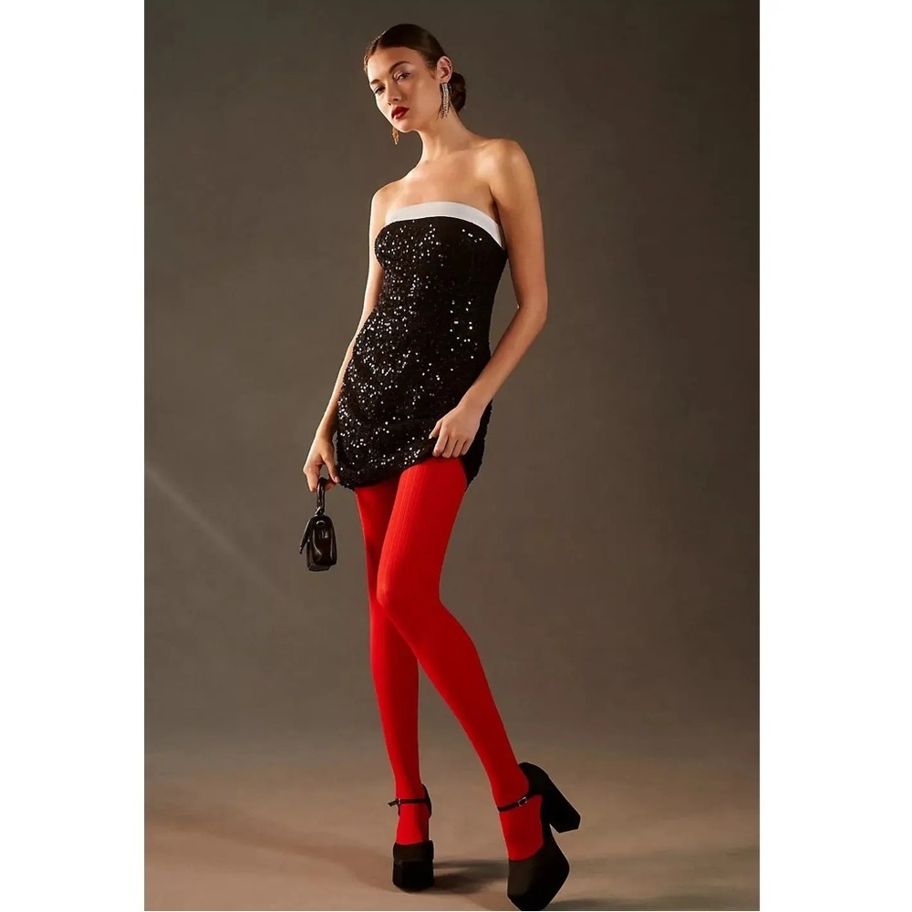 Vineet Bahl Strapless Sequin Mini Dress Black & White Satin Trim Size M NWT